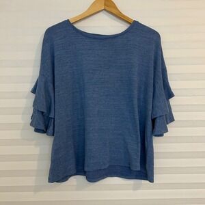 Cable & Gauge Blue Ruffle Tiered Sleeve Knit Top L Heathered Scoop Neck Boho